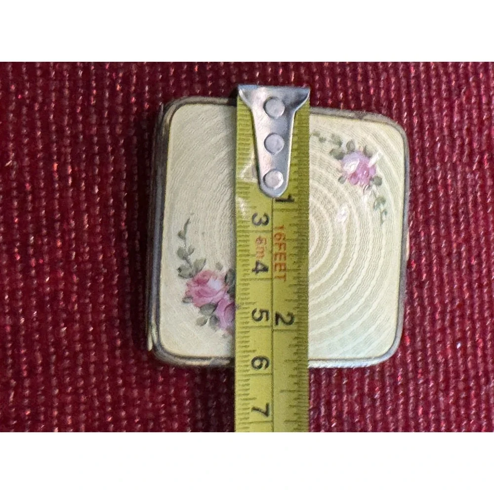 Vintage Guilloche Enamel Powder Compact Pink Roses Floral Mirror Vanity Case